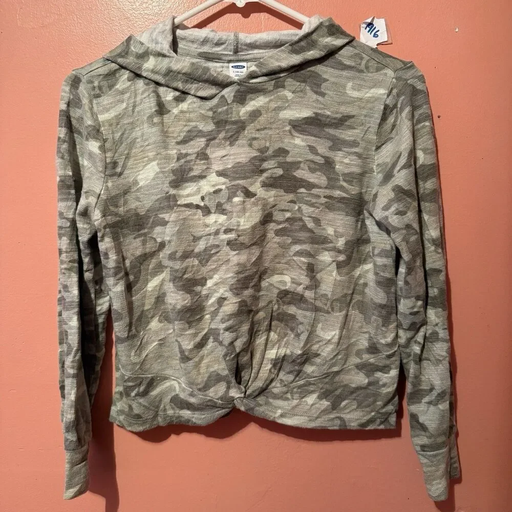 Old Navy Girls Sweater L Large 10/12 Green Camo Army Pullover Hoodie Kids